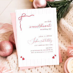 Invitation Ruban à nœud rose rouge Petit cœur 1er anniversair
