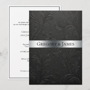 Invitation Ruban argenté en cuir noir travaillé pour mariage