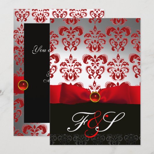 Invitation RUBAN ARGENTÉ ROUGE & DAMAS NOIR MONOGRAMME Ruby (Devant / Derrière)