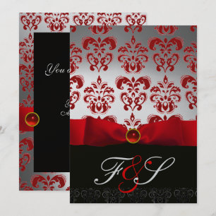 Invitation RUBAN ARGENTÉ ROUGE & DAMAS NOIR MONOGRAMME Ruby