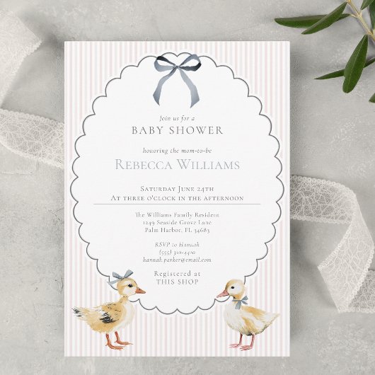 Invitation Ruban Bébé Canard de la Forêt aux Rayures Roses Cé