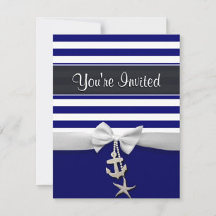 Invitation Ruban blanc à bande bleue marine et graphique de c