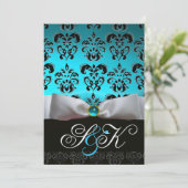 INVITATION RUBAN BLANC AQUA BLEU NOIR DAMAS MONOGRAMME (Debout devant)