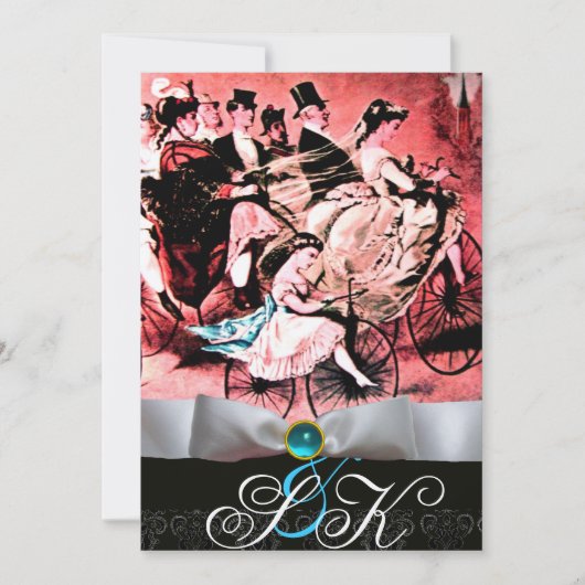 INVITATION RUBAN BLANC AQUA BLEU NOIR DAMASQUE MONOGRAMME (Devant)