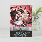 INVITATION RUBAN BLANC AQUA BLEU NOIR DAMASQUE MONOGRAMME (Debout devant)