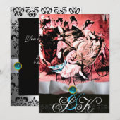 INVITATION RUBAN BLANC AQUA BLEU NOIR DAMASQUE MONOGRAMME (Devant / Derrière)