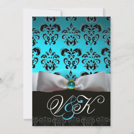 INVITATION RUBAN BLANC AQUA BLEU NOIR DAMASQUE MONOGRAMME (Devant)