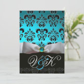 INVITATION RUBAN BLANC AQUA BLEU NOIR DAMASQUE MONOGRAMME (Debout devant)