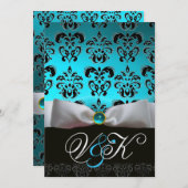 INVITATION RUBAN BLANC AQUA BLEU NOIR DAMASQUE MONOGRAMME (Devant / Derrière)