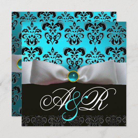 INVITATION RUBAN BLANC BLEU TURQUOISE NOIR DAMAS MONOGRAMME (Devant / Derrière)
