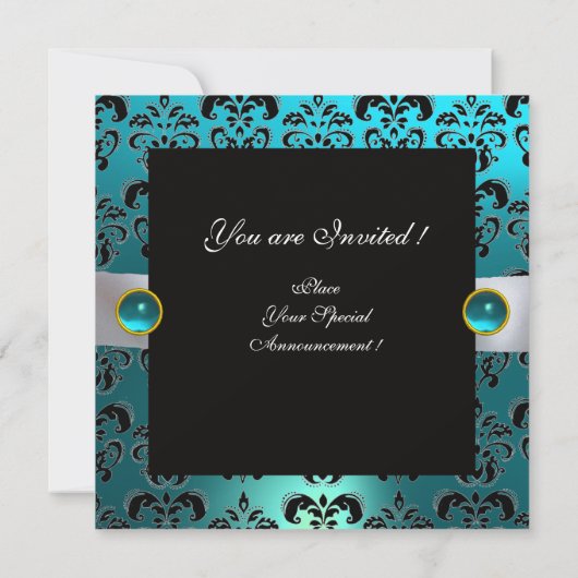 INVITATION RUBAN BLANC BLEU TURQUOISE NOIR DAMAS MONOGRAMME (Dos)