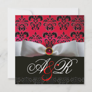 INVITATION RUBAN BLANC BOURGOGNE ROUGE NOIR  DAMAS MONOGRAMME
