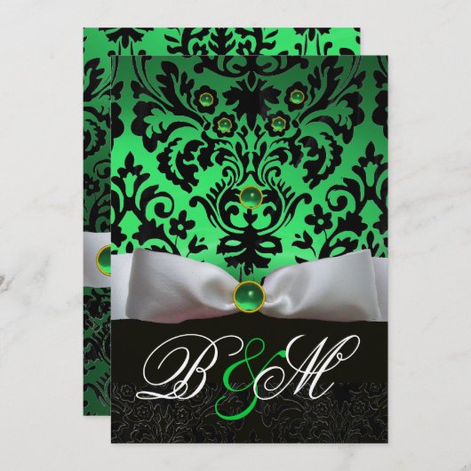 INVITATION RUBAN BLANC ÉMERAUDE VERT DAMAS NOIR MONOGRAMME (Devant / Derrière)