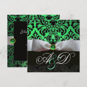 INVITATION RUBAN BLANC ÉMERAUDE VERT NOIR DAMAS MONOGRAMME (Devant / Derrière)