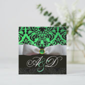 INVITATION RUBAN BLANC ÉMERAUDE VERT NOIR DAMAS MONOGRAMME (Debout devant)