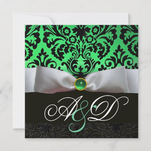 INVITATION RUBAN BLANC ÉMERAUDE VERT NOIR DAMAS MONOGRAMME (Devant)
