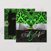 INVITATION RUBAN BLANC ÉMERAUDE VERT NOIR DAMAS MONOGRAMME (Devant / Derrière)