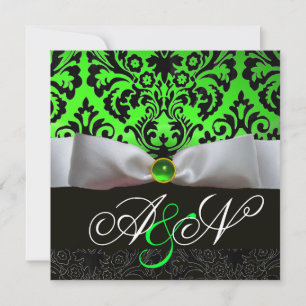 INVITATION RUBAN BLANC ÉMERAUDE VERT NOIR DAMAS MONOGRAMME