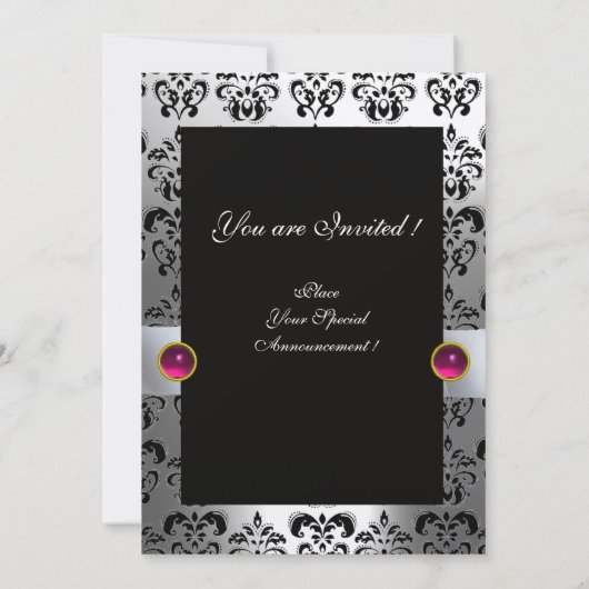 INVITATION RUBAN BLANC FUCHSIA NOIR DAMAS MONOGRAMME (Dos)