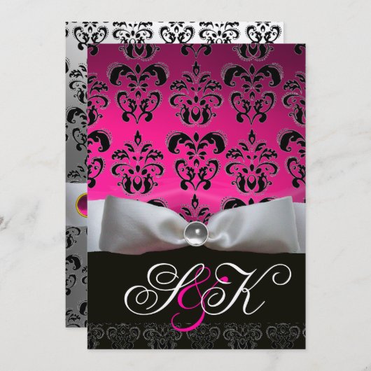 INVITATION RUBAN BLANC FUCHSIA NOIR DAMAS MONOGRAMME (Devant / Derrière)