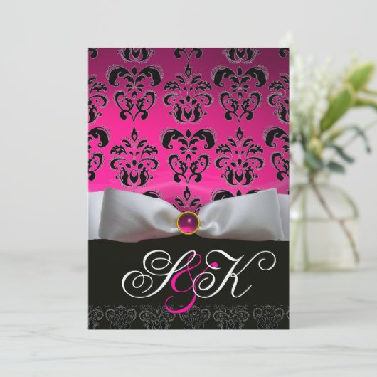 INVITATION RUBAN BLANC FUCHSIA NOIR DAMASK MONOGRAMME (Debout devant)