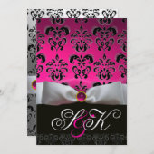 INVITATION RUBAN BLANC FUCHSIA NOIR  DAMASK MONOGRAMME (Devant / Derrière)