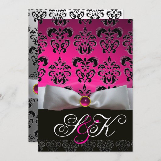INVITATION RUBAN BLANC FUCHSIA NOIR  DAMASK MONOGRAMME (Devant / Derrière)