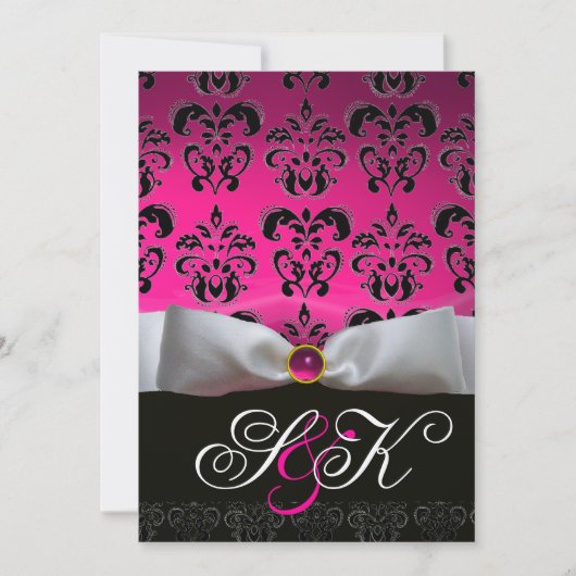 INVITATION RUBAN BLANC FUCHSIA ROSE NOIR DAMAS MONOGRAMME (Devant)