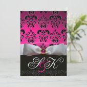 INVITATION RUBAN BLANC FUCHSIA ROSE NOIR DAMAS MONOGRAMME (Debout devant)