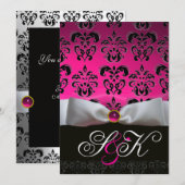 INVITATION RUBAN BLANC FUCHSIA ROSE NOIR DAMAS MONOGRAMME (Devant / Derrière)