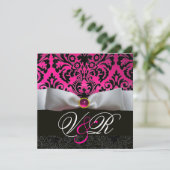 INVITATION RUBAN BLANC FUCHSIA ROSE NOIR DAMAS MONOGRAMME (Debout devant)