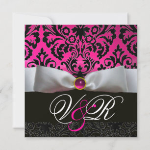 INVITATION RUBAN BLANC FUCHSIA ROSE NOIR DAMAS MONOGRAMME