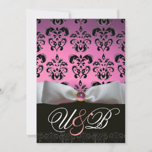 INVITATION RUBAN BLANC LILAS ROSE MONOGRAMME EN DAMAS NOIR