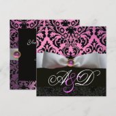INVITATION RUBAN BLANC LILAS ROSE NOIR MONOGRAMME DAMAS (Devant / Derrière)