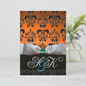 INVITATION RUBAN BLANC ORANGE BLEU NOIR DAMAS MONOGRAMME (Debout devant)