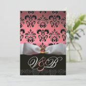 INVITATION RUBAN BLANC ROSE  DAMAS NOIR MONOGRAMME (Debout devant)