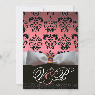 INVITATION RUBAN BLANC ROSE DAMAS NOIR MONOGRAMME