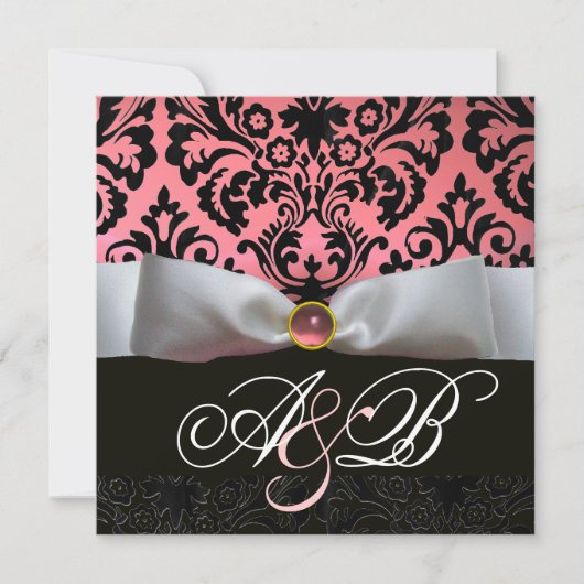 INVITATION RUBAN BLANC ROSE NOIR DAMAS MONOGRAMME (Devant)