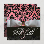 INVITATION RUBAN BLANC ROSE NOIR  DAMAS MONOGRAMME (Devant / Derrière)
