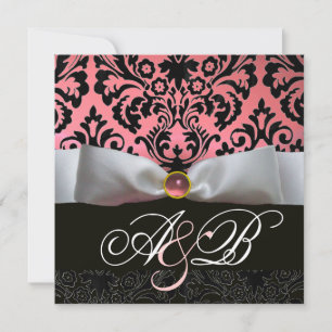 INVITATION RUBAN BLANC ROSE NOIR DAMAS MONOGRAMME