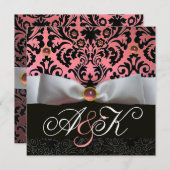 INVITATION RUBAN BLANC ROSE NOIR DAMAS MONOGRAMME (Devant / Derrière)
