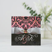 INVITATION RUBAN BLANC ROSE NOIR DAMAS MONOGRAMME (Debout devant)