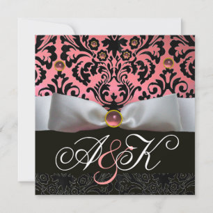 INVITATION RUBAN BLANC ROSE NOIR DAMAS MONOGRAMME