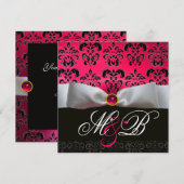 INVITATION RUBAN BLANC ROSE ROUGE RUBIS NOIR  DAMAS MONOGRAMM (Devant / Derrière)