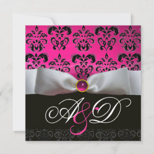 INVITATION RUBAN BLANC ROSE VIOLET NOIR DAMAS MONOGRAMME