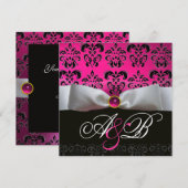 INVITATION RUBAN BLANC ROSE VIOLET NOIR DAMAS MONOGRAMME (Devant / Derrière)
