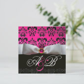 INVITATION RUBAN BLANC ROSE VIOLET NOIR DAMAS MONOGRAMME (Debout devant)
