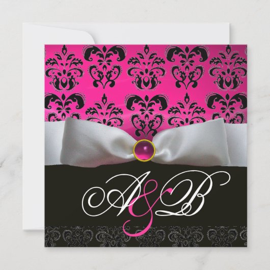 INVITATION RUBAN BLANC ROSE VIOLET NOIR DAMAS MONOGRAMME (Devant)