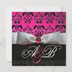 INVITATION RUBAN BLANC ROSE VIOLET NOIR DAMAS MONOGRAMME