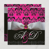 INVITATION RUBAN BLANC ROSE VIOLET NOIR DAMASSÉ MONOGRAMME (Devant / Derrière)